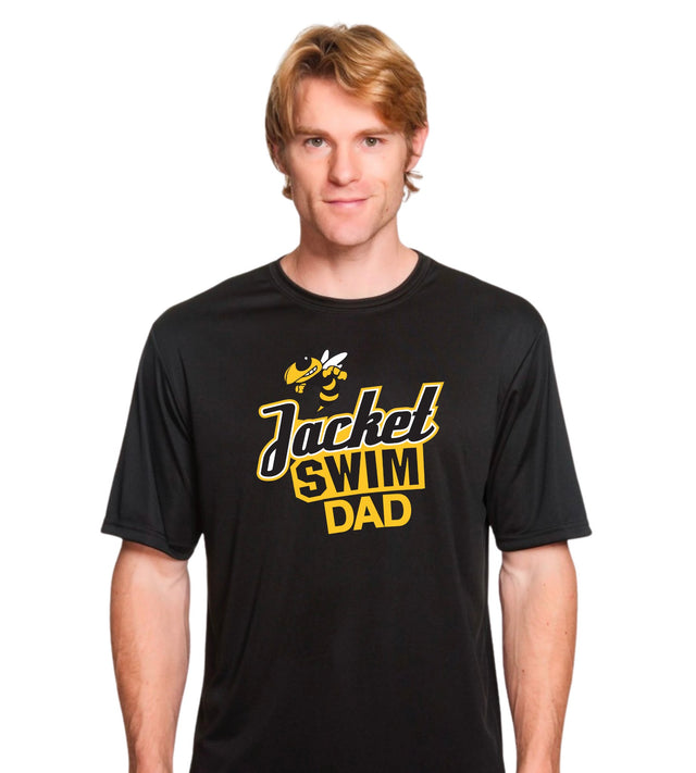Jacket Swim Dad logo on a black dri-fit tee