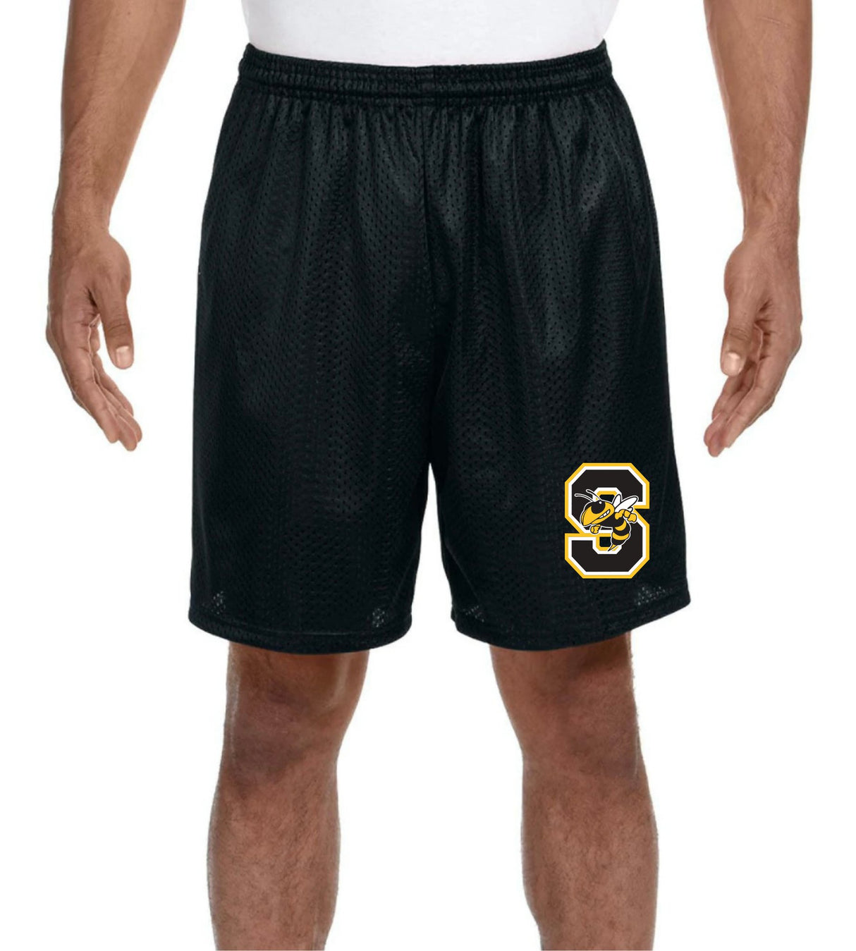 Starkville High swim logo on black 7 inch mesh shorts