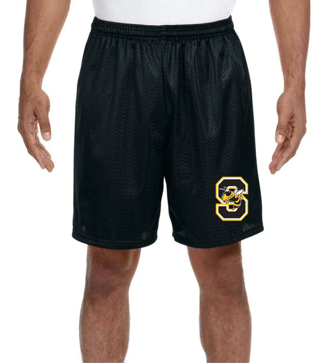Starkville High swim logo on black 7 inch mesh shorts