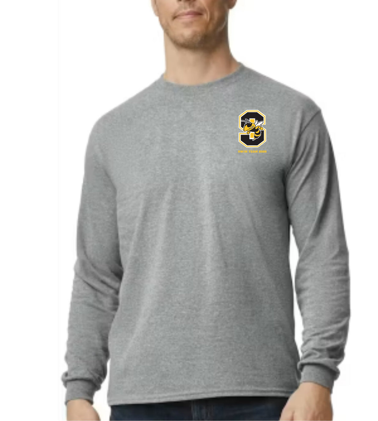 Starkville High swim left chest logo on a grey long sleeve tee