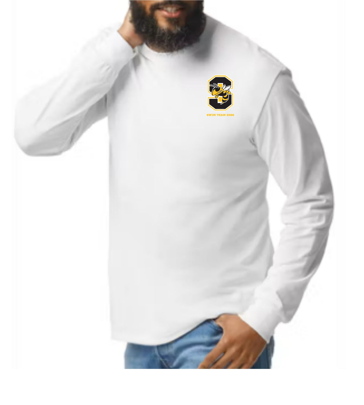 Starkville High swim left chest logo on a white long sleeve tee