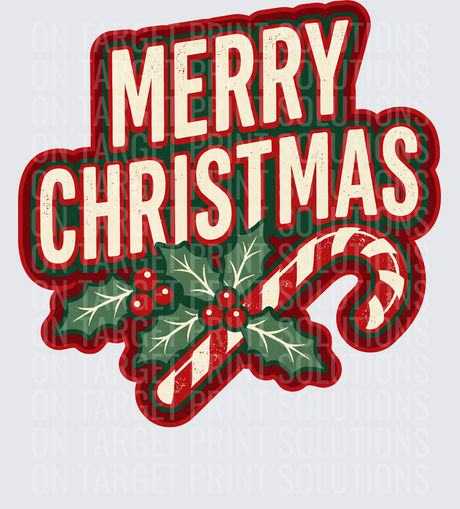 Merry Christmas Retro Vintage Holly Candy Cane Distressed