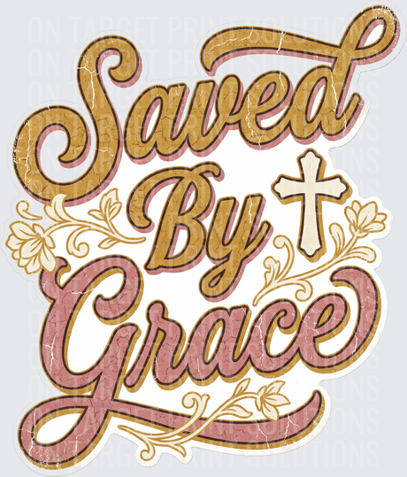 Saved By Grace Vintage Distressed Cross Floral Script