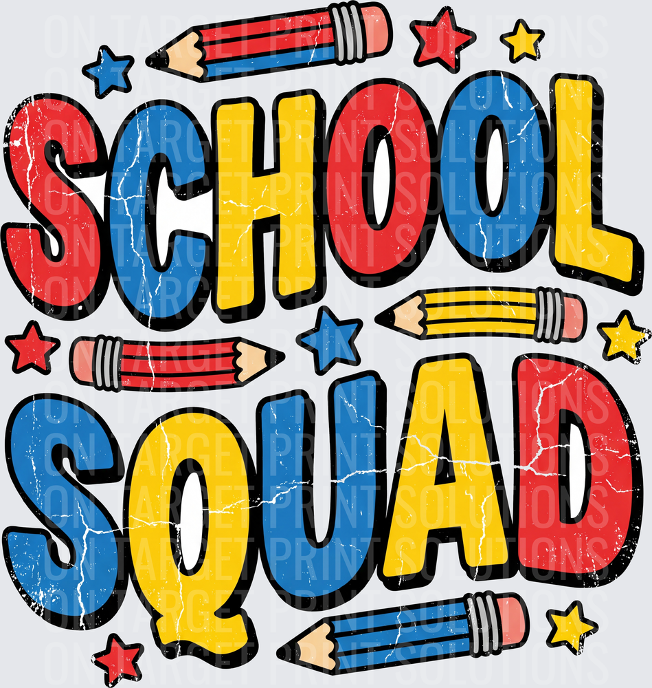 School Squad Distressed Bold Letter Pencils Stars Design
