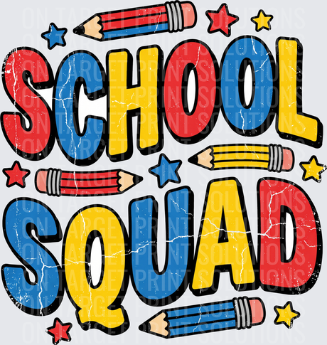 School Squad Distressed Bold Letter Pencils Stars Design