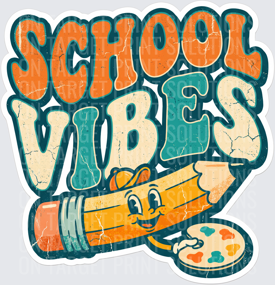 School Vibes Retro Groovy Pencil Character with Paint Palette