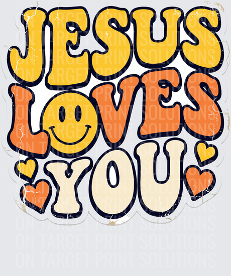 Jesus Loves You Retro Groovy Smiley Face Hearts Distressed