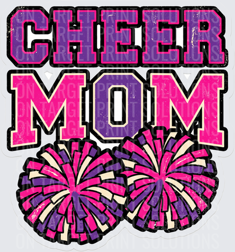 Cheer Mom Distressed Varsity Letters Pink Purple Pom Poms