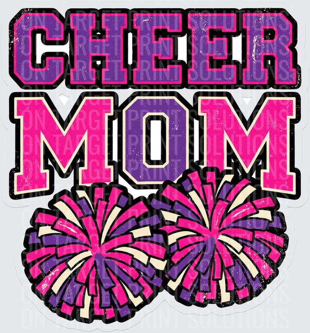 Cheer Mom Distressed Varsity Letters Pink Purple Pom Poms