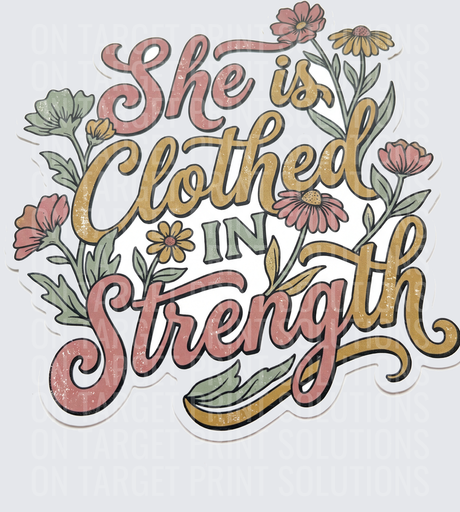 She Is Clothed In Strength Floral Wildflower Script