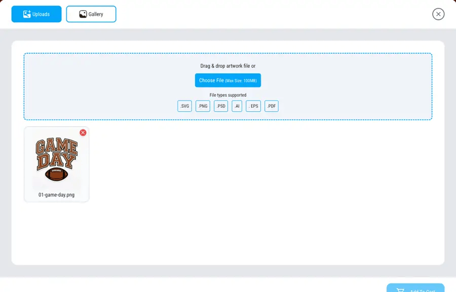 Order transfers by size: upload one image, set the exact size, see live per-inch pricing, and preview it on garments.